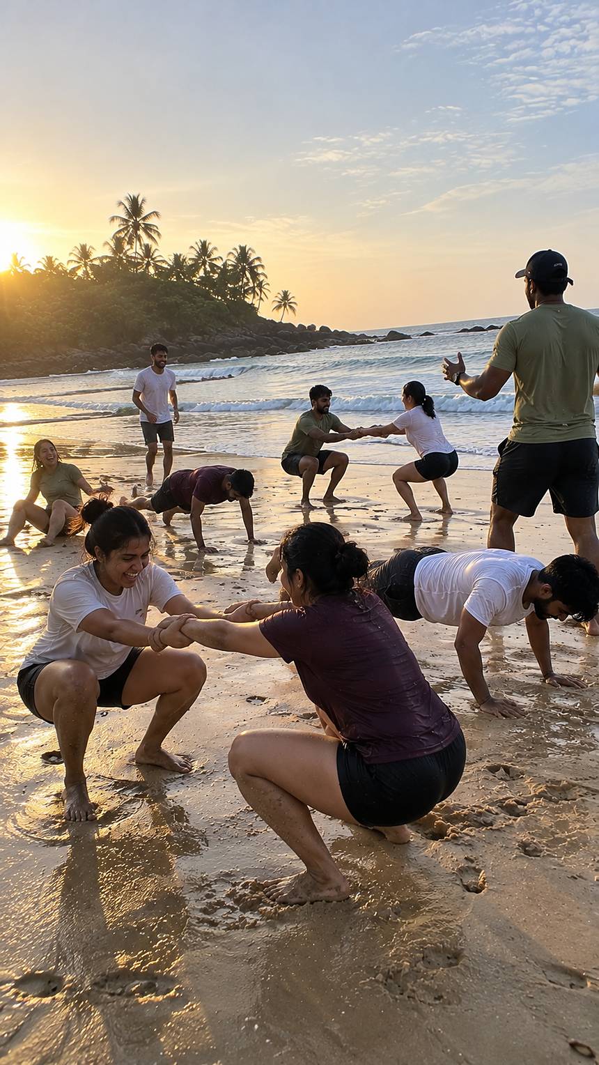 A group training on the sand with their coach at sunset