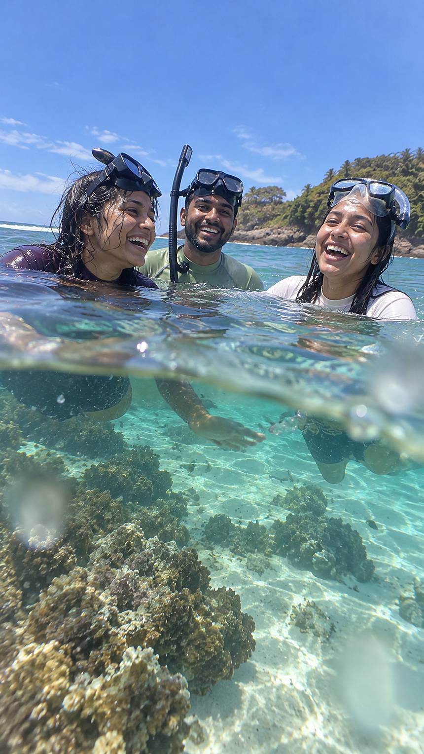 Three friends snorkelling over a reef, laughing