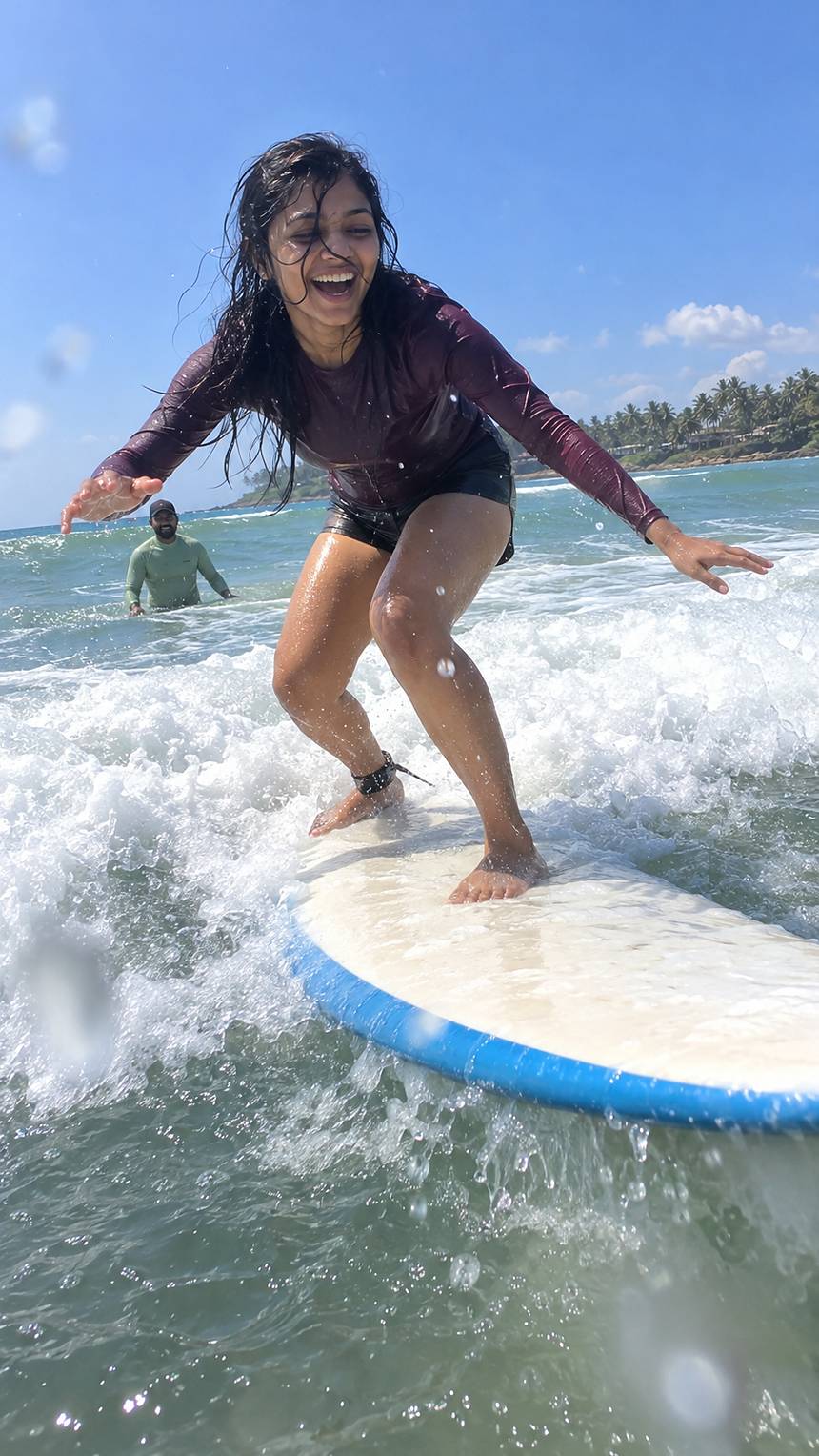 A woman laughing as she stands up on a surfboard