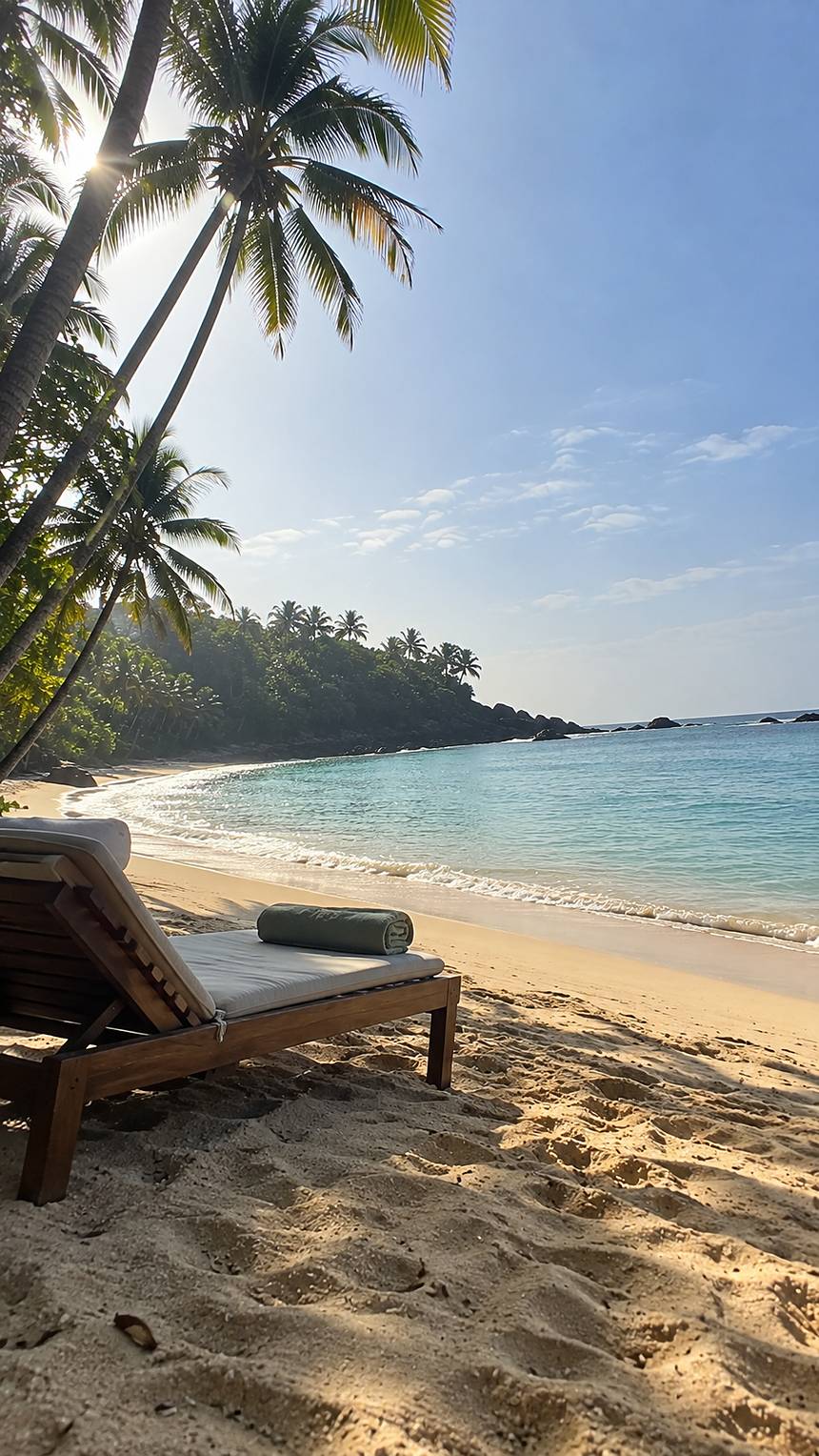 An empty lounger on the sand by a calm bay