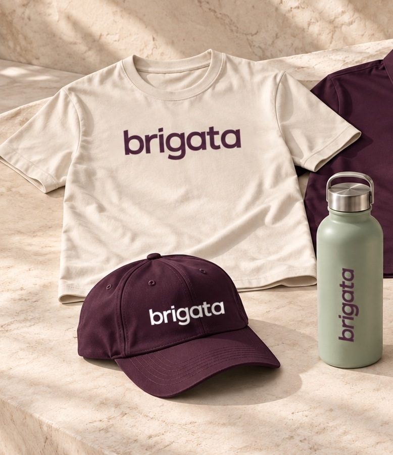 The Brigata welcome kit: a tee, a cap, a bottle and a polo