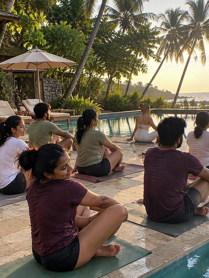 Yoga on a lawn by the pool at sunset
