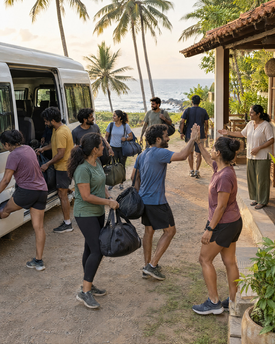 A running club unloading bags from a minibus at a coastal stay, two of them high-fiving