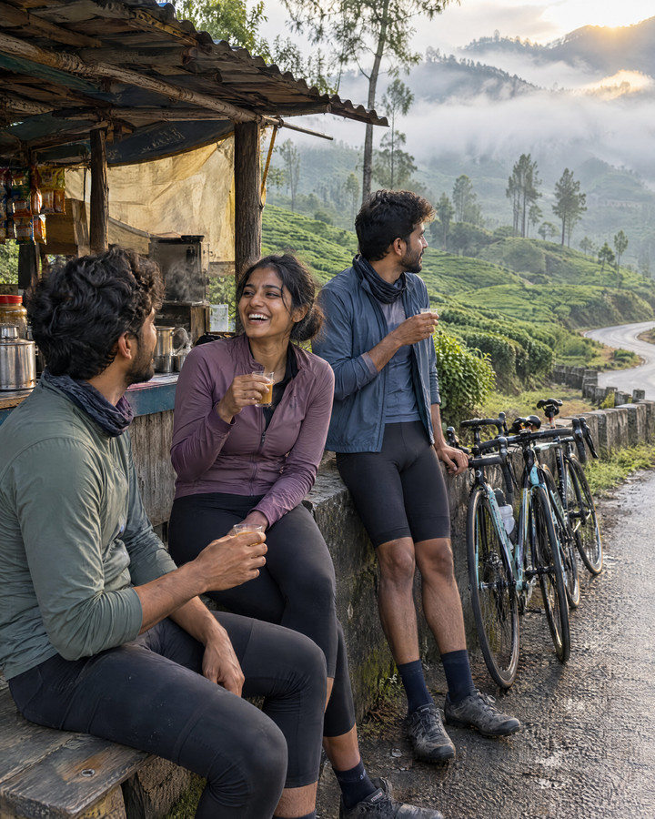 Three cyclists stopped for tea on a misty hill road