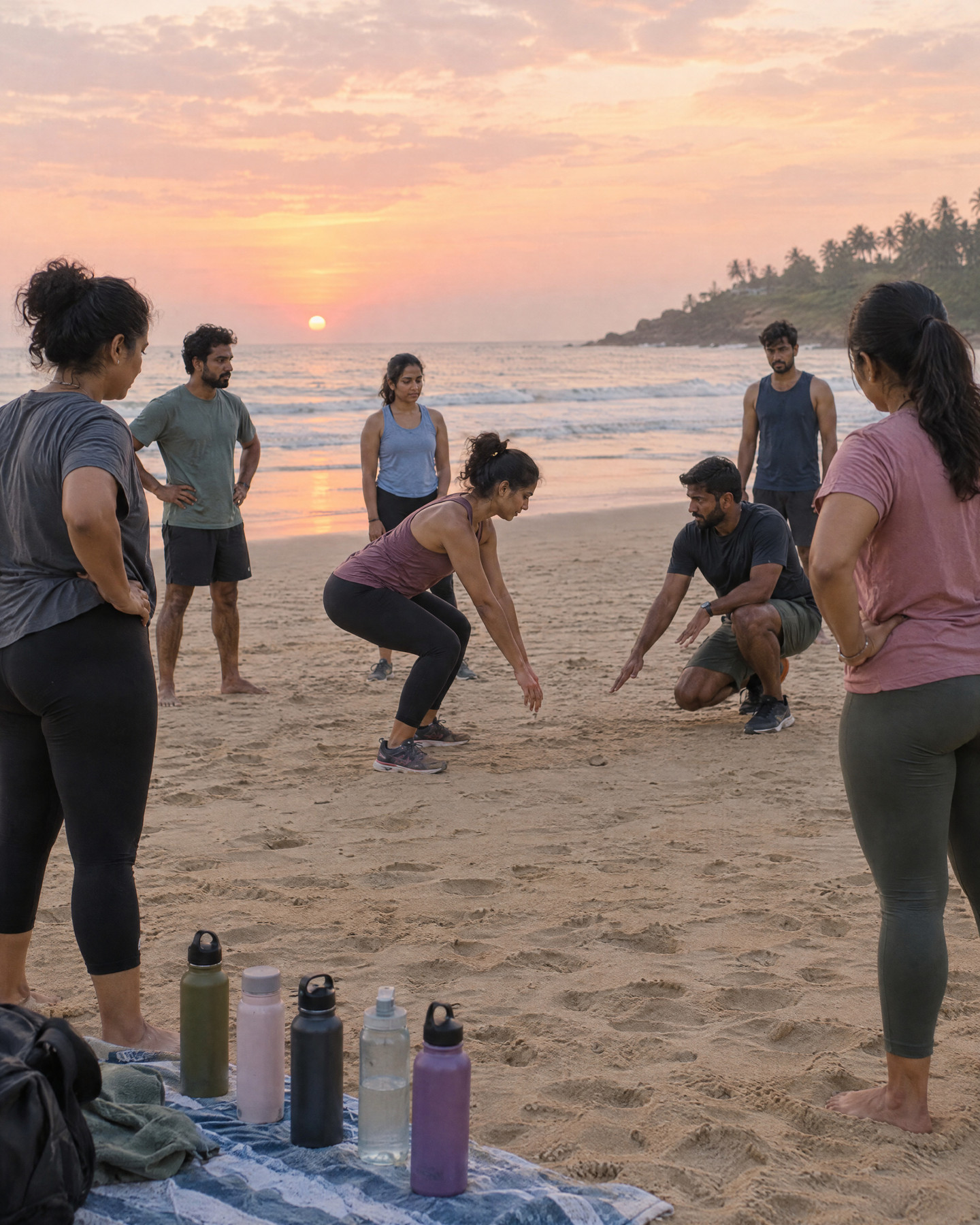 A coach showing one person an easier version of a move on the beach at sunrise