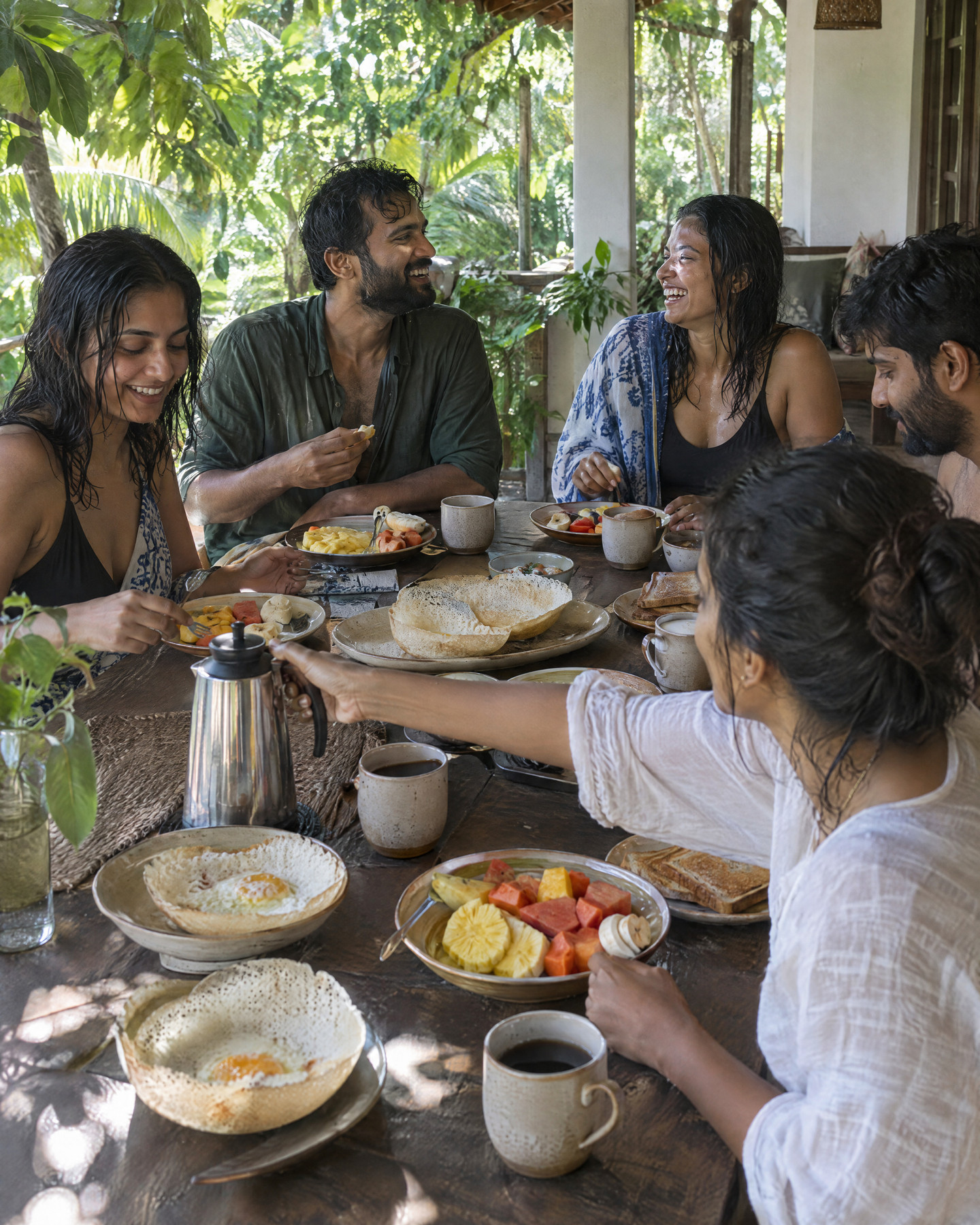 Friends with wet hair sharing a long breakfast on a shaded veranda