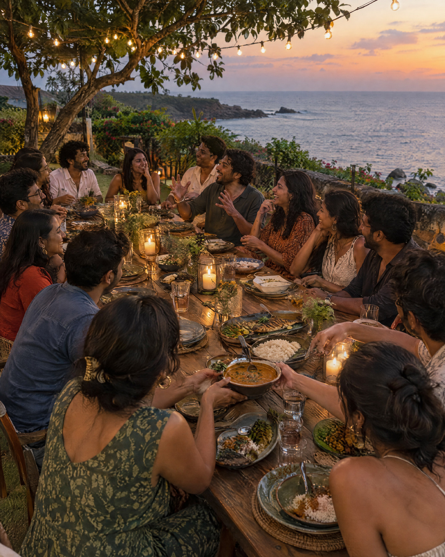 A long dinner table under string lights by the sea, the whole group laughing