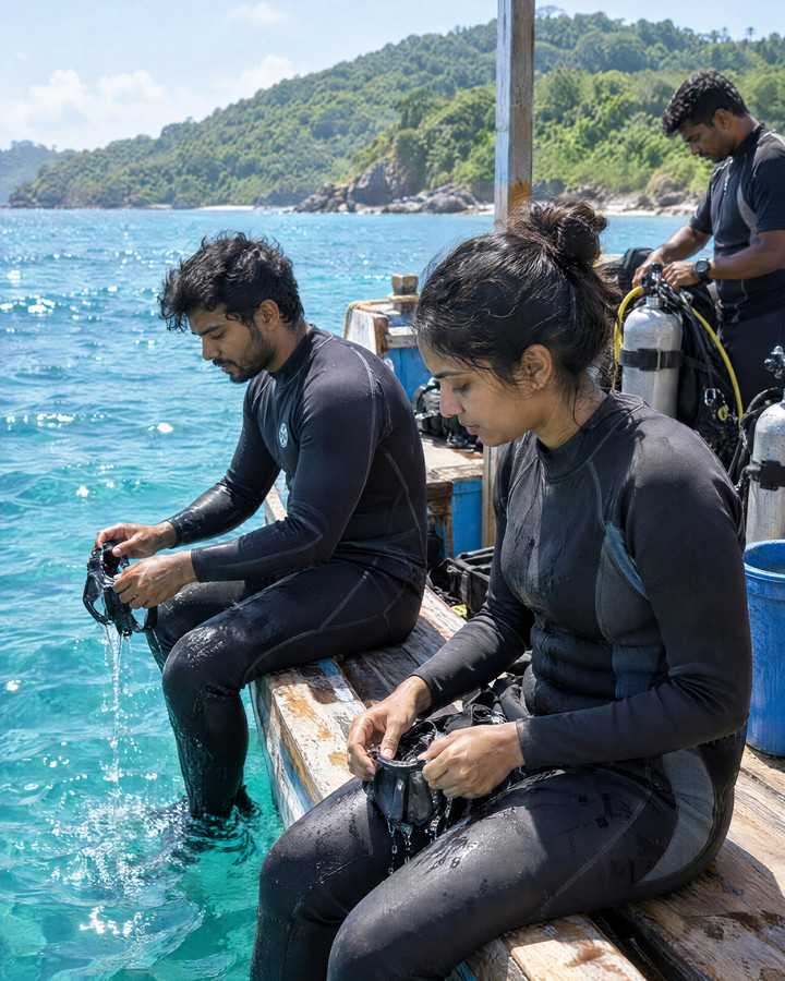 Two divers on the edge of a wooden dive boat over turquoise water