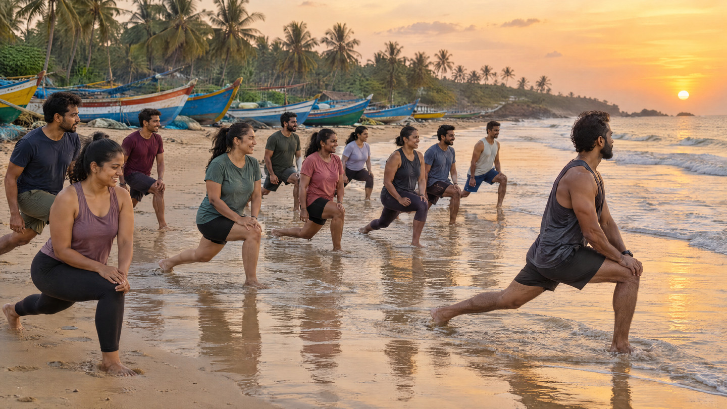 A coach leading a group through lunges in the shallows at sunset, fishing boats on the sand