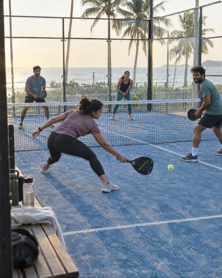 Four friends mid-rally on a padel court by the sea in early light