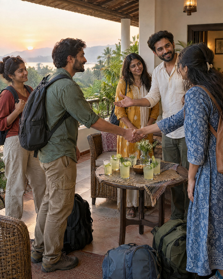 People meeting for the first time around a welcome table on a veranda