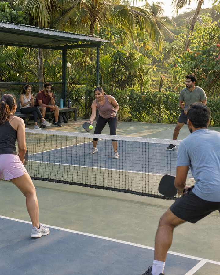 A friendly pickleball doubles game on a court surrounded by greenery