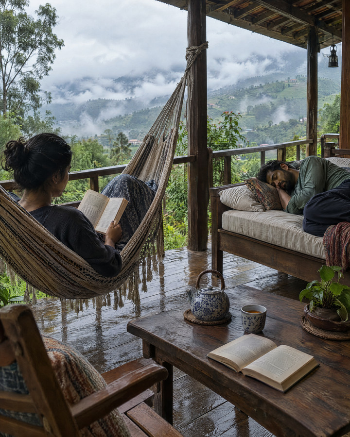 One person reading in a hammock, another asleep on a daybed, on a hillside verandah