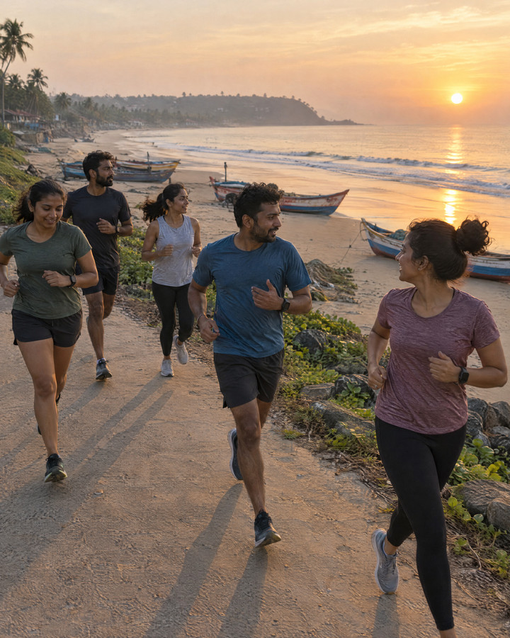 A small group running along a coastal path at sunrise