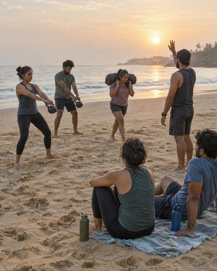A coached strength session on the beach at sunrise