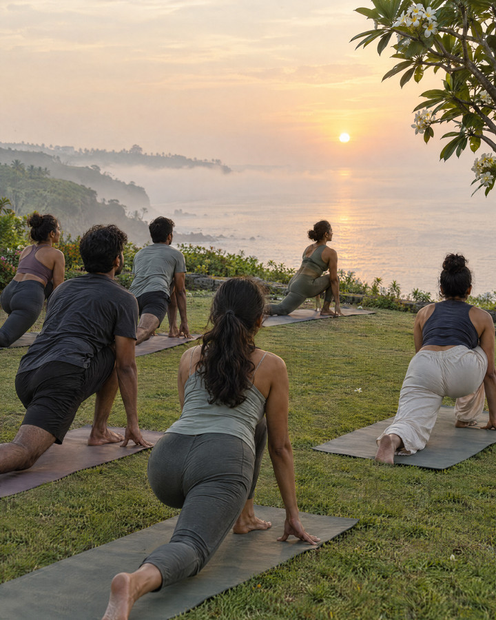Sunrise yoga on a lawn above the sea